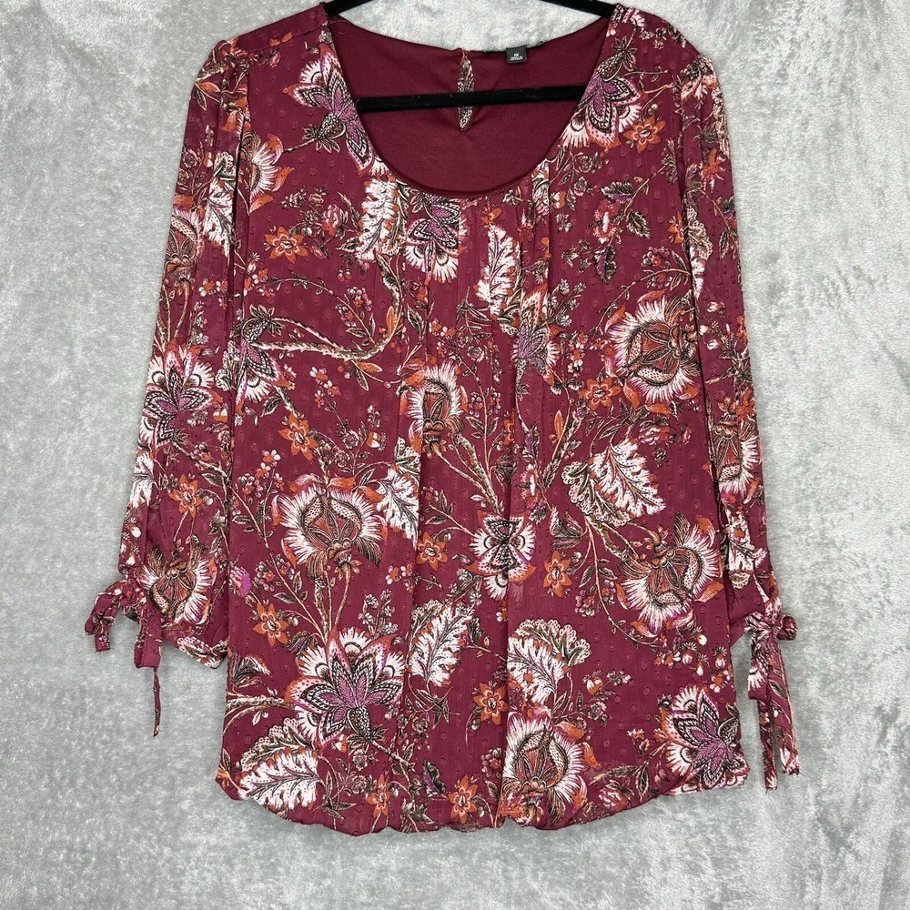 Roz & Ali 1X Top‎ Shirt Burgundy Red Floral 3/4 Sleeve Scoop Neck Button Back